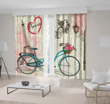 

Curtain Eiffel Tower Bicycle Basket Filled with Roses Heart Shapes Paris and Images on Newspaper Pink Blue Gray Artwork Printed