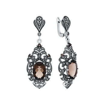 

Silver earrings with marcasite and quartz smoky sunlight sample 925