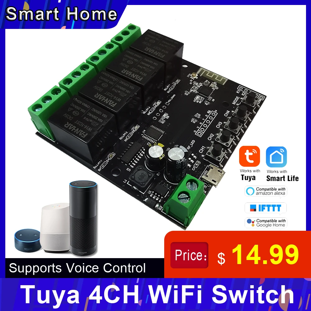 Беспроводной релейный модуль Tuya 4 канала USB Wi-Fi Функция синхронизации