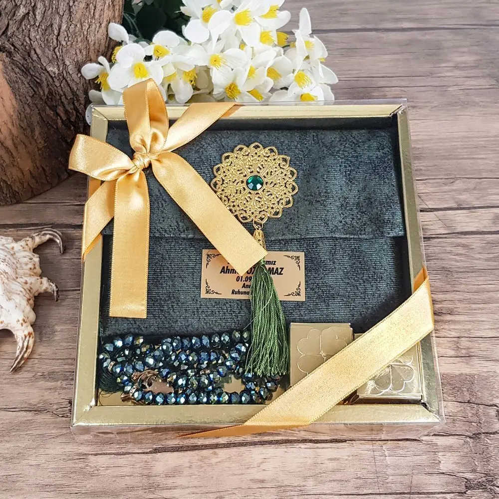 Luxury Muslim Gift Set Name Printed Velvet Bag Yasin Al Sharif Book Rosary Wholesale Mevlut Religious Islamic Items Ramadan 2023