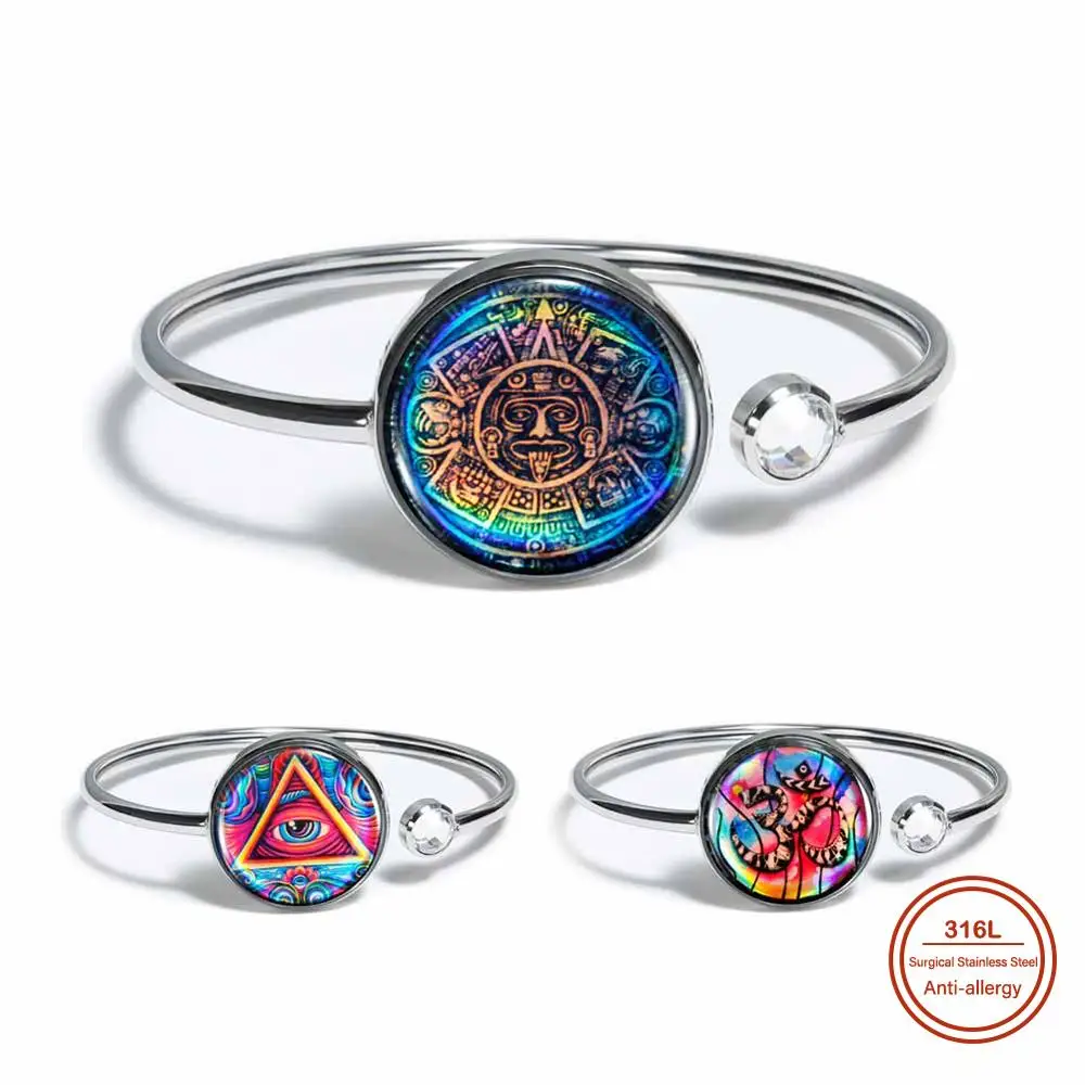 New Simple Round Shape Charm Texture stainless steel Lotus Expandable Open Bracelets Bangles Jewelry Gift For Women and Men |