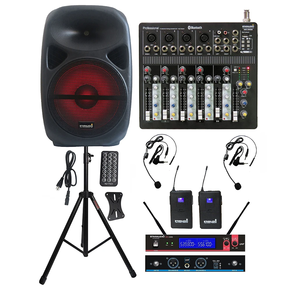 

STARAUDIO 15" 2500W PA Powered Active Speaker DJ Stand 2CH UHF Headset Wireless Microphone 6 Channel BT Mixer System SCS-15RGB