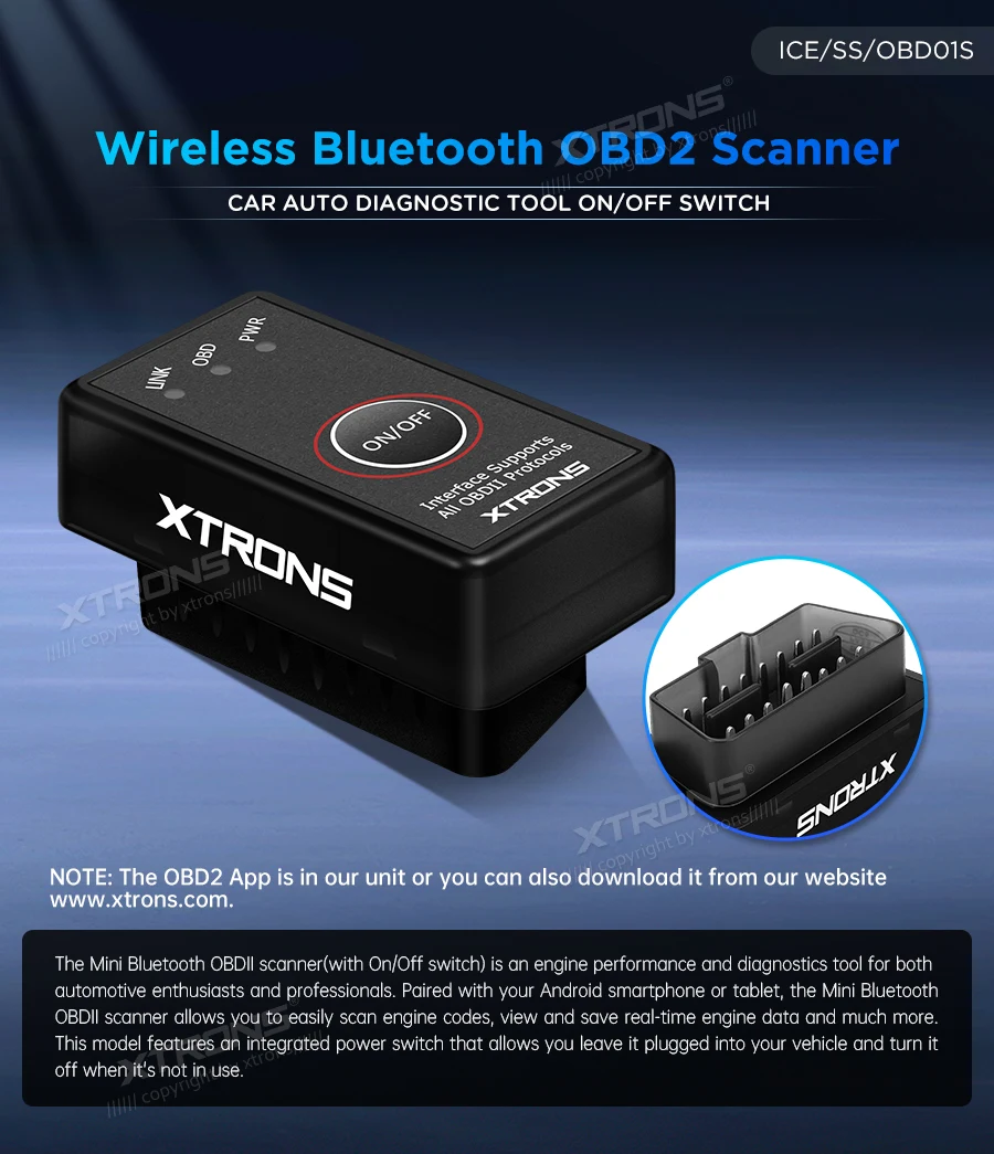 XTRONS OBD01S Bluetooth OBD2 автомобильный диагностический сканер инструмент ВКЛ/ВЫКЛ |