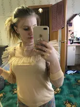 Blusa de manga larga ahuecada con volante elegante para otoño, camisa Sexy de malla transparente con cuentas y cuello redondo para mujer