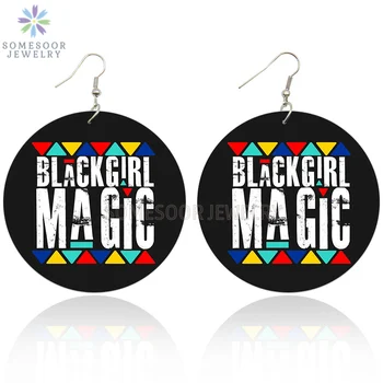 

SOMESOOR Both Sides Print Black Girl Magic African Wooden Drop Earrings Power Sayings Afro Wood Jewerly For Women Christmas Gift