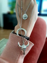 Docona-collar multicapa de ojo de Luna y cabeza de toro para mujer, gargantilla de capas geométricas, Vintage, Color plata, C18107