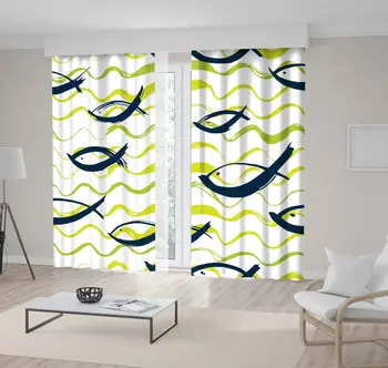 

Curtain Fish and Waves Pattern Dry Brush Painting Marine Theme Modern Artwork Dark Blue Lime Green
