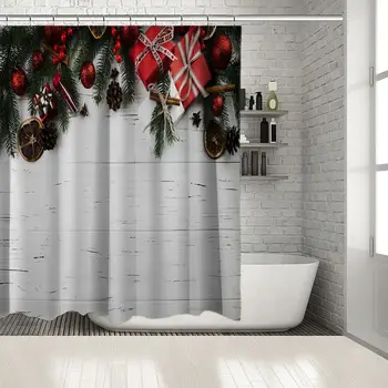 

Ornaments Baubles Pine Tree Branches Cones Gifts Bells on Wooden Table Photo Red Beige Green Shower Curtain
