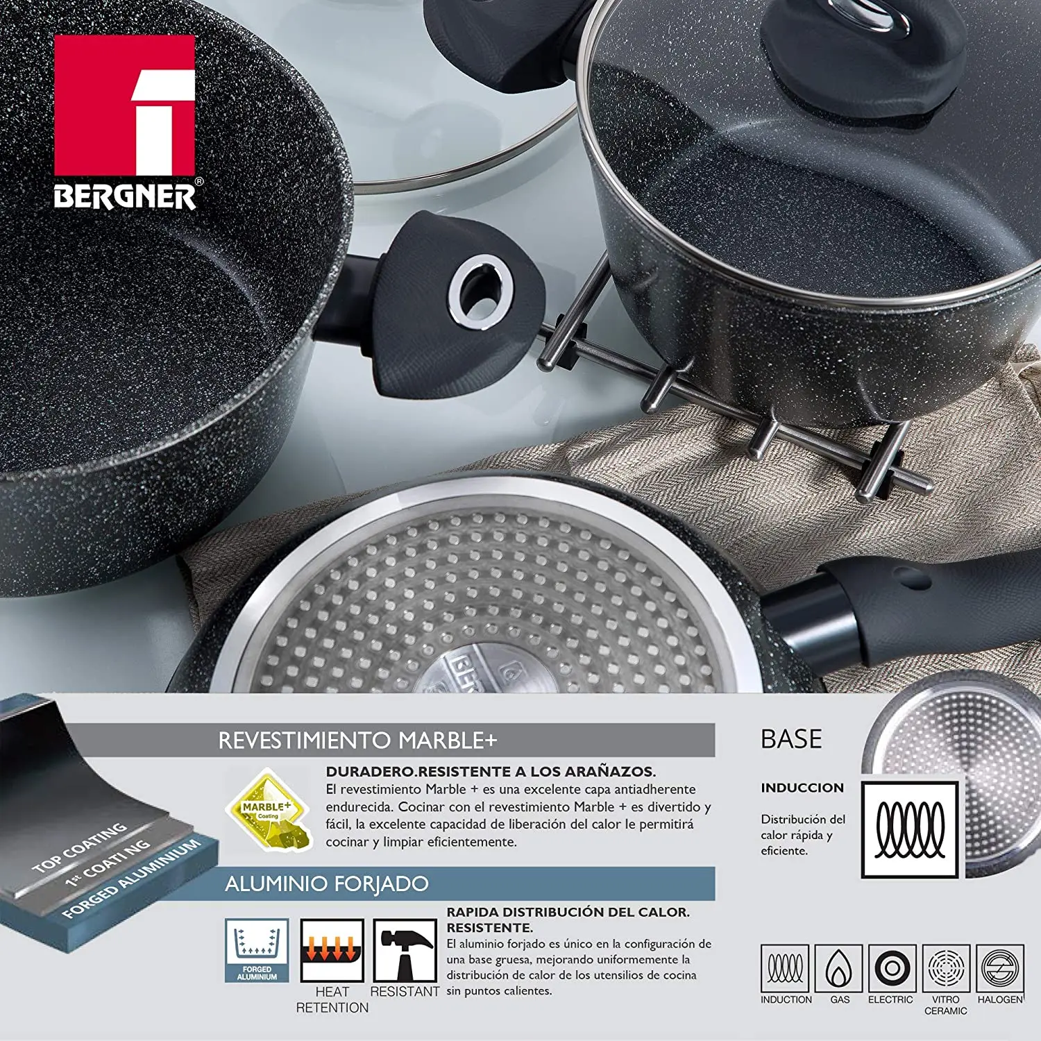 Set 5pc sartenes (con tapa) aluminio prensado inducción con Set 3 pc  utensilios cocina acero inoxidable