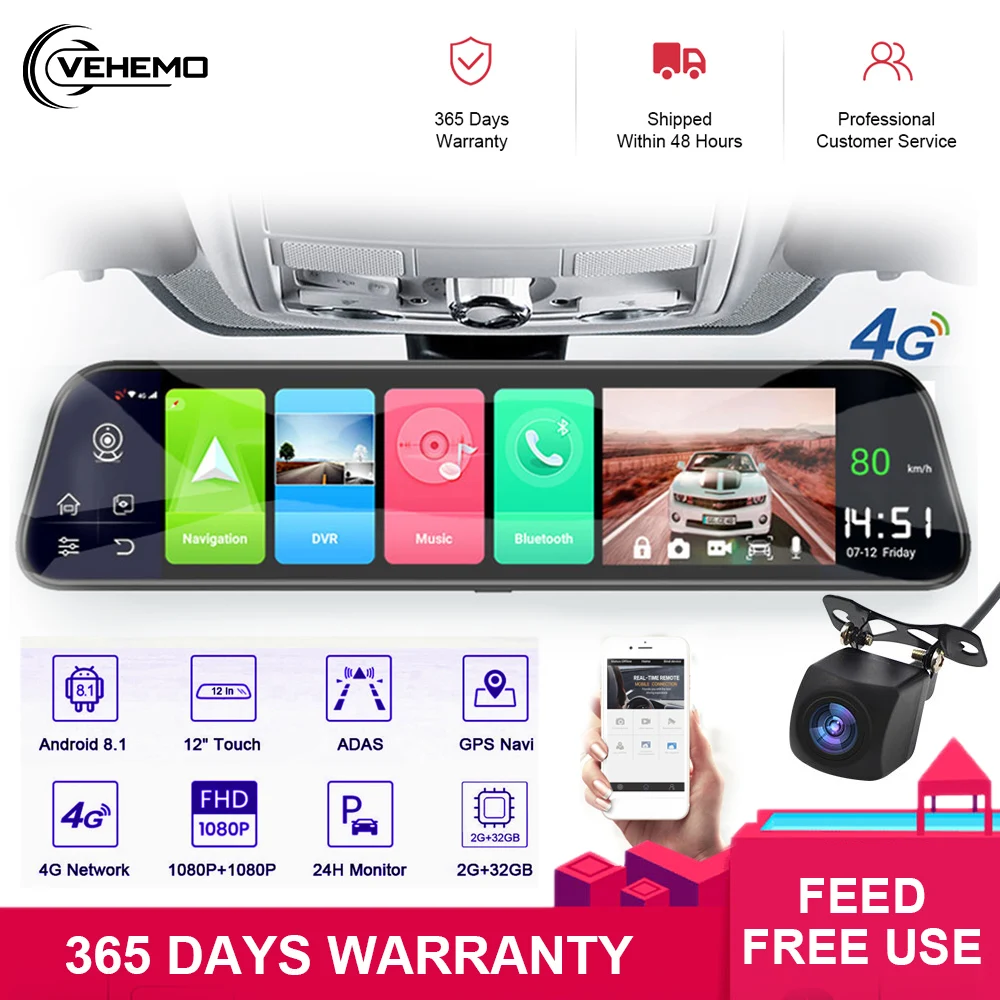 Автомобильный видеорегистратор VEHEMO с GPS 12 дюймов Android 8 1 Потоковое мультимедиа