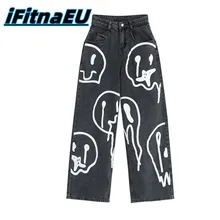 

Smiley Women's Jeans Straight-leg Cargo Pants Man Print Large Femme Men's Baggy Trendyol Hip Hop Streetwear Grafitti Jean