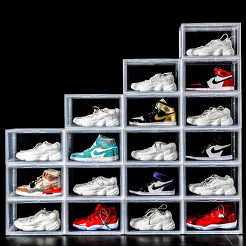 

Clear Stackable Men's Basketball Shoe Box Black Drop-Front Sneaker Organizer Women's Running Footwear Drawer Storage Container