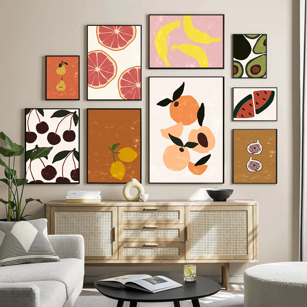 

Boho Fruit Cherry Lemon Pear Banana Orange Watermelon Posters and Prints Wall Art Canvas Painting Wall Pictures Kitchen Decor