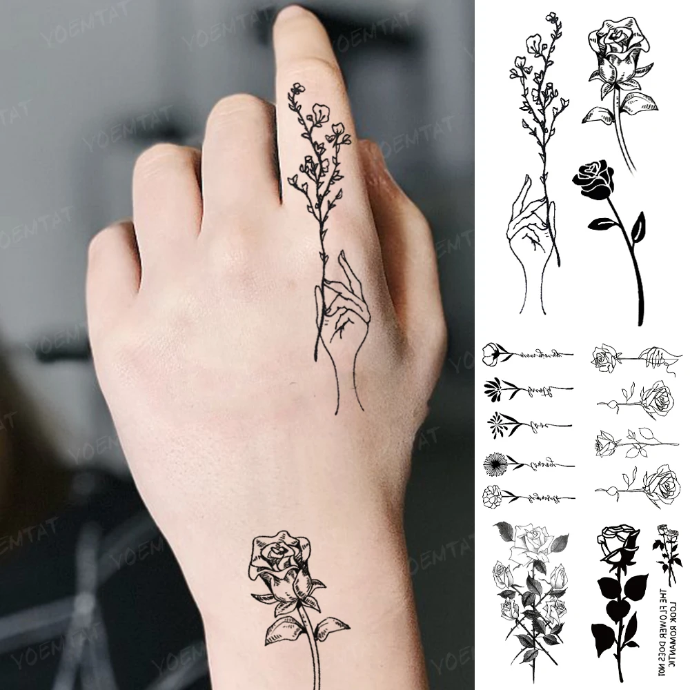 3D Water Transfer Tattoo Sticker Finger Line Cute Rose Peony Black Cool Temporary Tatto Flash Body Art Fake Tatoo Man Woman Kid