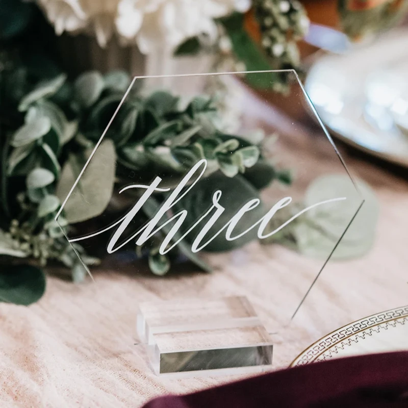 Hexagon Acrylic Table Number Signs With Stands,Perspex Modern Calligraphy,Plexiglass Table Numbers,Clear Glass Decor