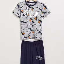 Дефакто; повседневная трикотажная пижама с круглым вырезом для мальчиков; модная детская футболка с рисунком; комплекты с шортами удобная летняя одежда; L0420A619SM