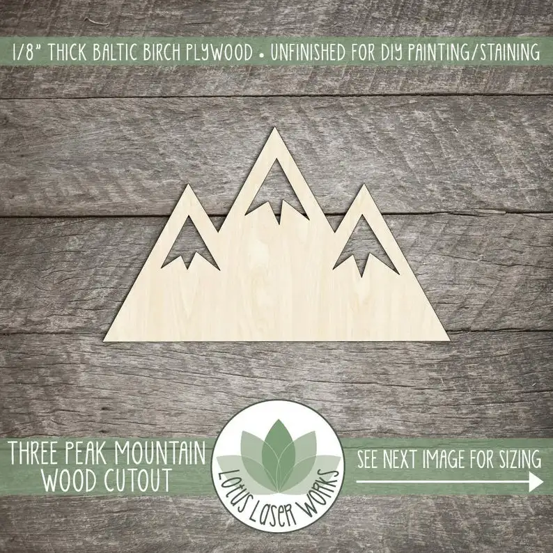 

Wood Mountain, Unfinished Wood Mountain Laser Cut Shape, DIY Craft Supply, Many Size Options, Blank Wood Shapes
