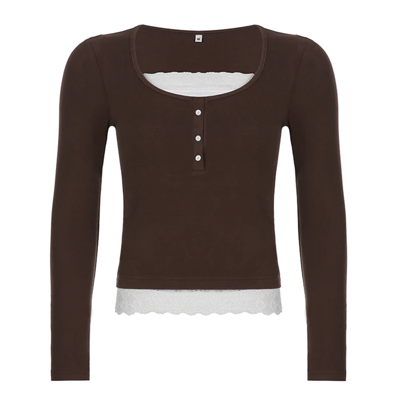 Korean Cute Y2K Retro Cotton Tops Lace Patchwork Buttons Kawaii Tshirts Autumn Square Collar Chic Casual Shirts