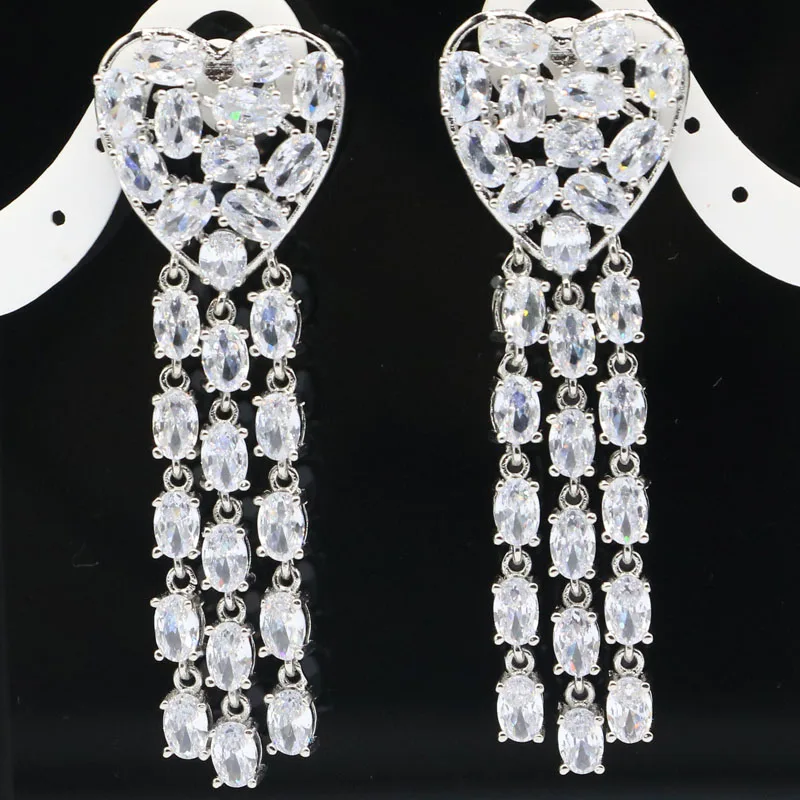 

67x22mm Romantic Long Big Heart Shape 17g Created White Sapphire Gift For Ladies Wedding Silver Earrings