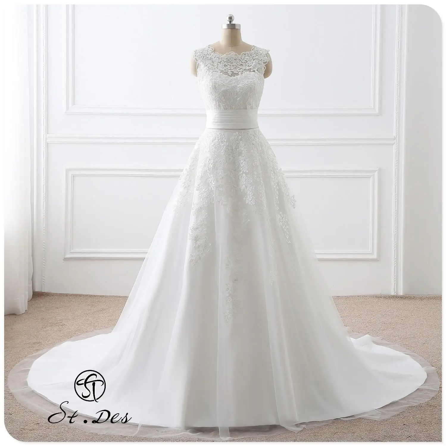 

NEW 2020 St.Des Ivory A-line Russian Sleeveless Round Neck Sweetheart Lace Flower Floor-length Designer Elegant Wedding Dress