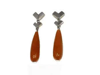 

First law White Gold long earrings with elongated coral