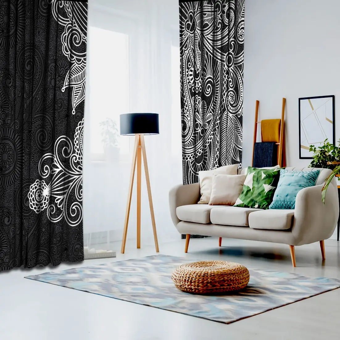 Flowers Leaves Paisley Pattern on Grey Background Vintage Floral Artwork Printed Black White Curtain