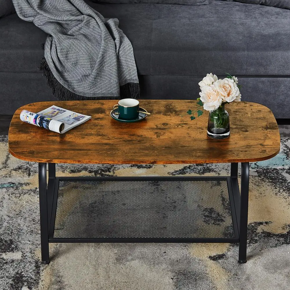 

Oval Coffee Table with Storage Shelf Industrial Cocktail Table for Living Room Wood Look Accent Furniture Metal Frame