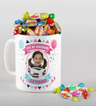 

Personalized Photo Birthday Theme Mug and Haribo Fruitbons Candy Gift Seti-2