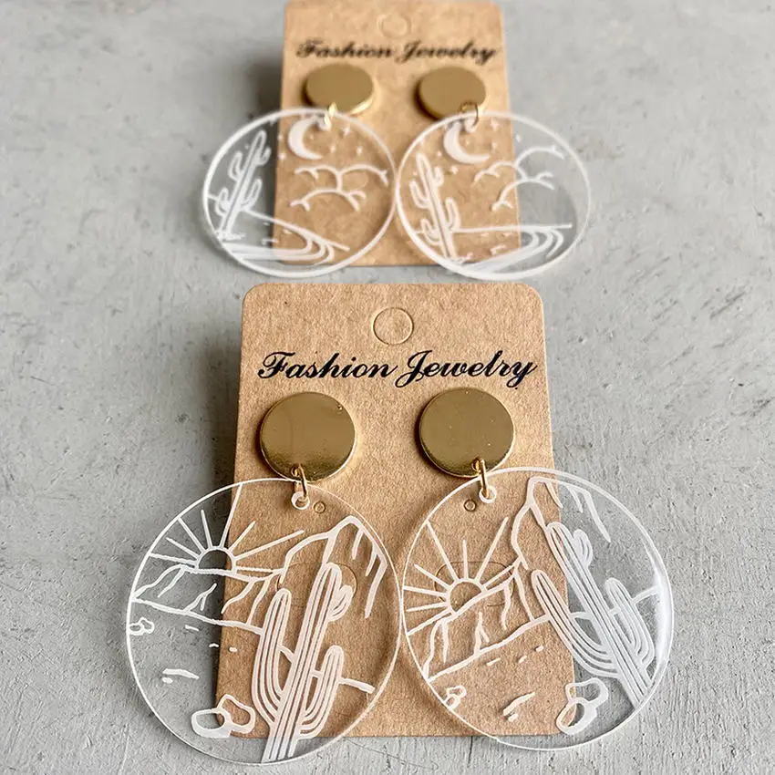 

Western Fashion Laser Engraved Round Clear Acrylic Cactus Pattern Dangle Earrings Geometric Statement Earrings Lightweight Gift