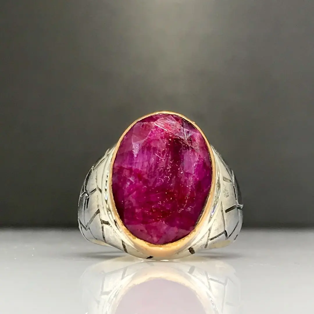 Natural Ruby Stone Hand Generation Silver Men 'S Ring