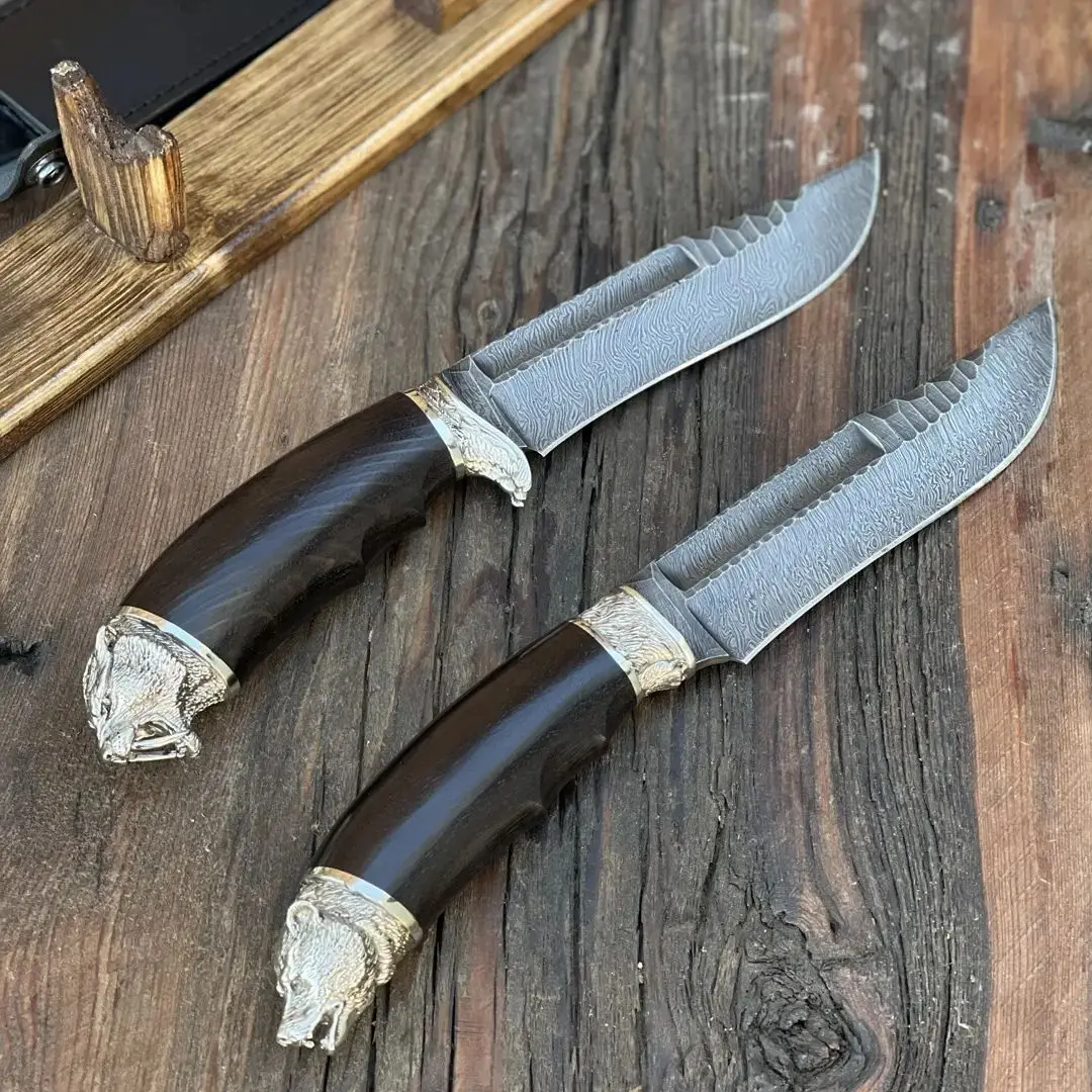 Knife hunting Kizlyar Saber Tooth Tiger bear blade Damascus handle black grab garde Melchior sheath leather |