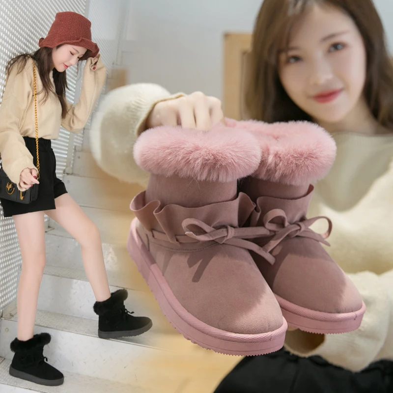 

Ugged Flat With Thick Snow Boots Women's 2019 Winter New Suede Plus Velvet Warm Cotton Boots All Matching Fashion Bow Boots