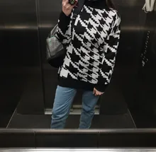 White Sweater Turtleneck Long Pullover Simplee Knitted Houndstooth Black Women Warm Fashion