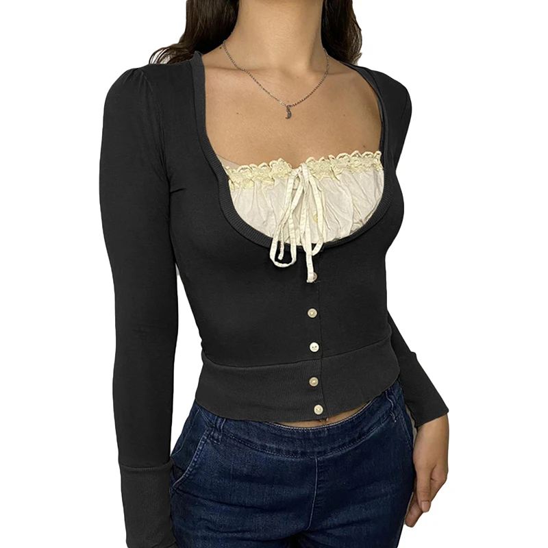 Korean Cute Y2K Retro Cotton Tops Lace Patchwork Buttons Kawaii Tshirts Autumn Square Collar Chic Casual Shirts