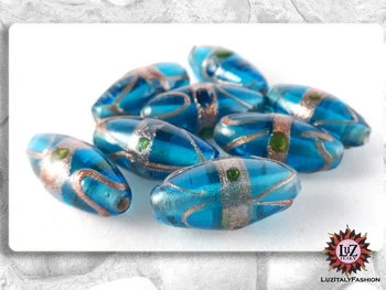

40 glass beads Turquoise with aventurine Golden-30x13mm