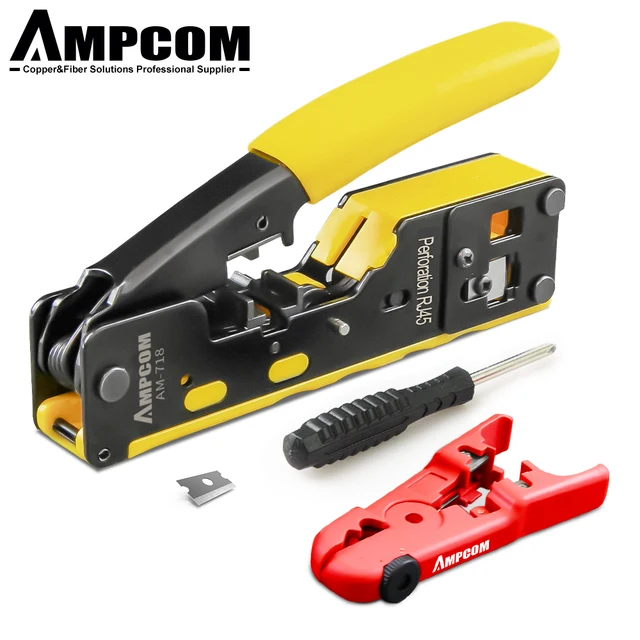 AMPCOM RJ45 RJ11 Pass Through Crimping Tool for Cat7/6A Cat6/5 Ethernet Modular Plugs Connectors With Stripper and Spare Blade Yellow Set 1