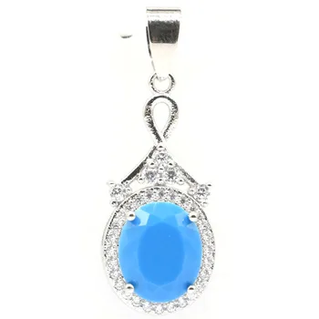 

37x14mm Charm Created Blue Turquoise White CZ Woman's Party Silver Pendant