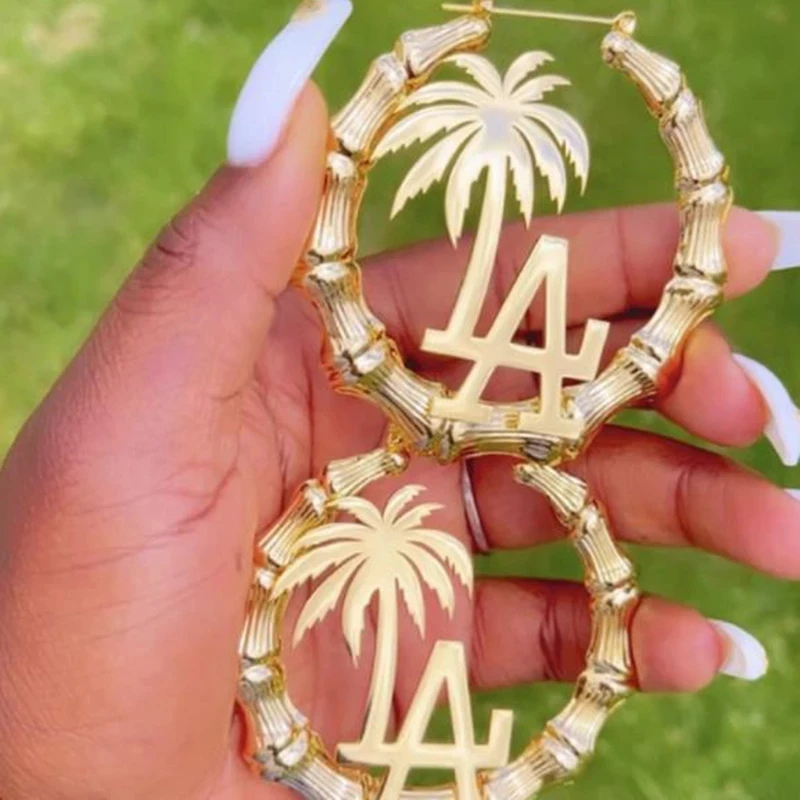 

Gold Bamboo Hoop Earring For Women Personalized Name Initial Letter Hip Hop Style Sexy Big Earrings