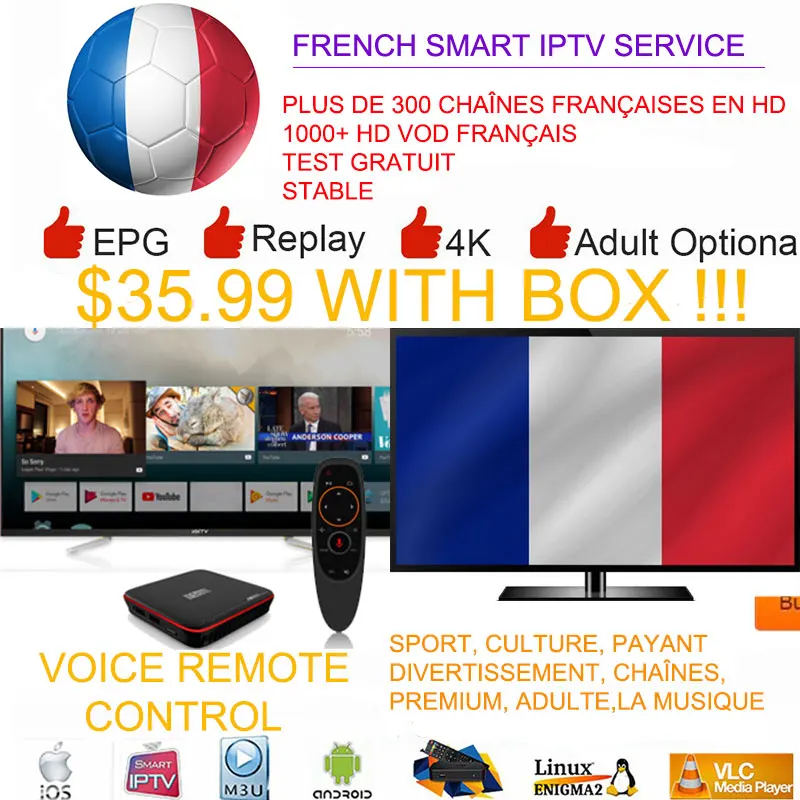 

Smart IPTV French IPTV Android TV Box France Sport Arabic USA Dutch code 1 year Netherlands Belgium UK Arabic Smart TV TV Box