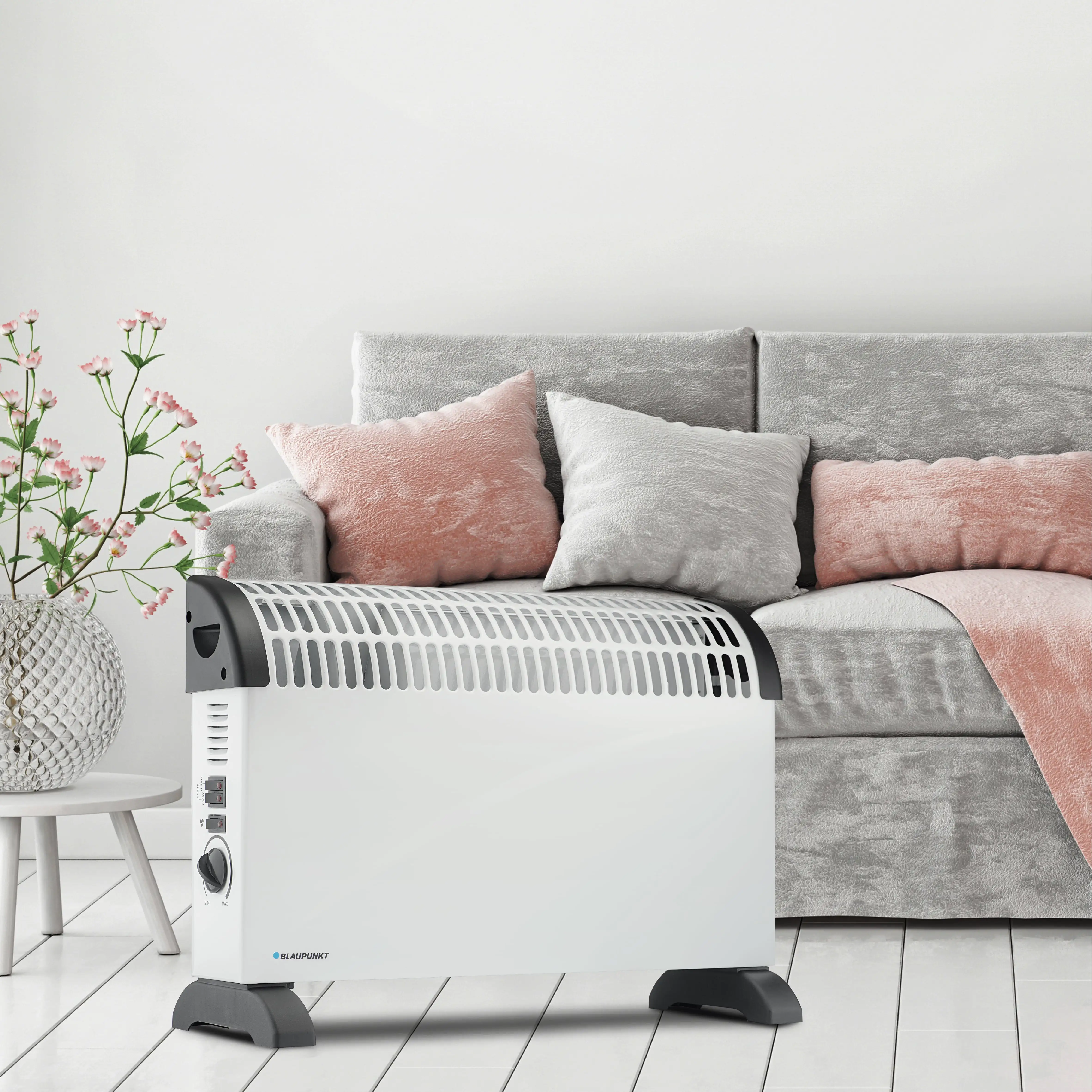 Convector with Blaupunkt air heater with 3 power levels: 750w -1250w - 2000w.  Handles for transport, adjustable thermostat and overheating protection.