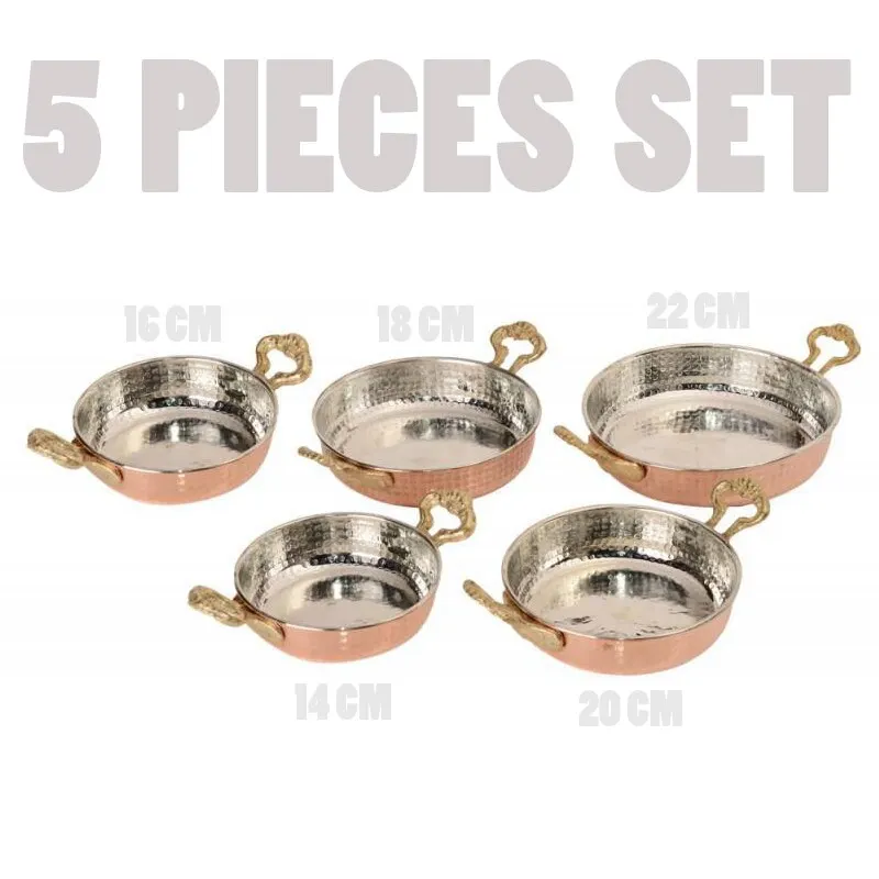 Pure Copper Cookware Set 5 Piece Set copper Sauce Pan Set Copper Kadhai Set  Copper Fry Pan With Brass Handle for Cooking Purpose 