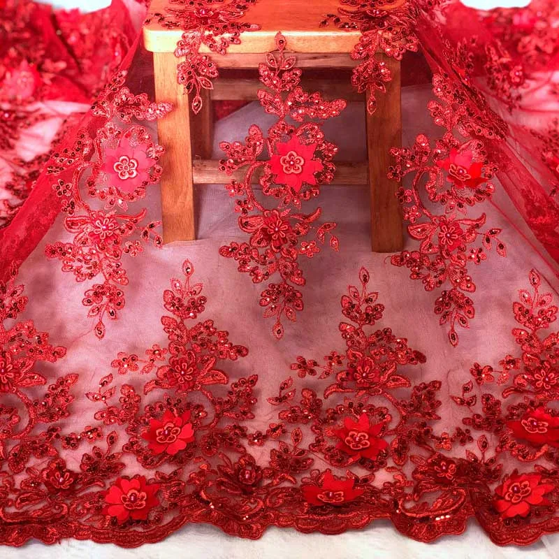 Красный La Belleza красный ручной работы 3D цветы/бисером свадебное/вечернее платье кружевной ткани 49 ''ширина 1 ярд - Цвет: Красный