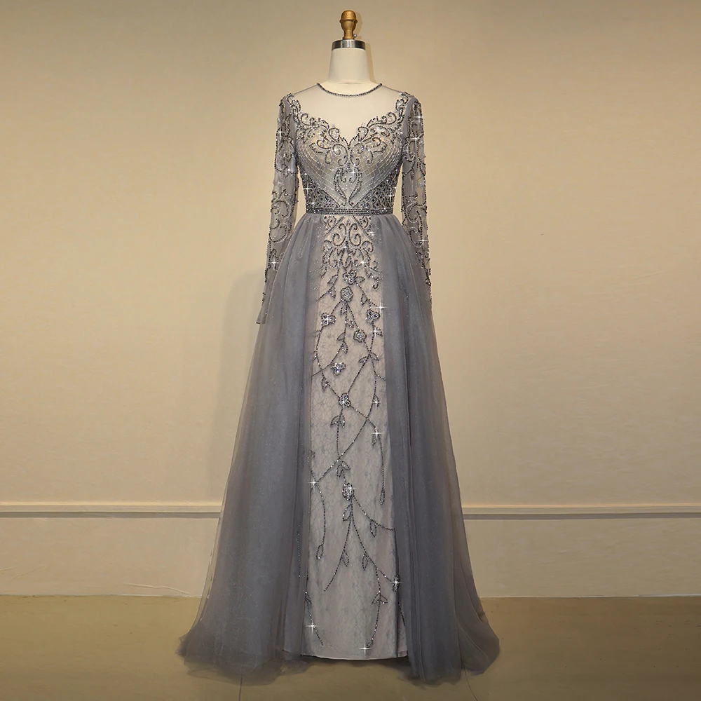 

DressbLee Dubai Prom Dresses Crystal Pearl Beaded Sparkly Long Prom Dress Full Sleeves Transparent Formal Party Gowns