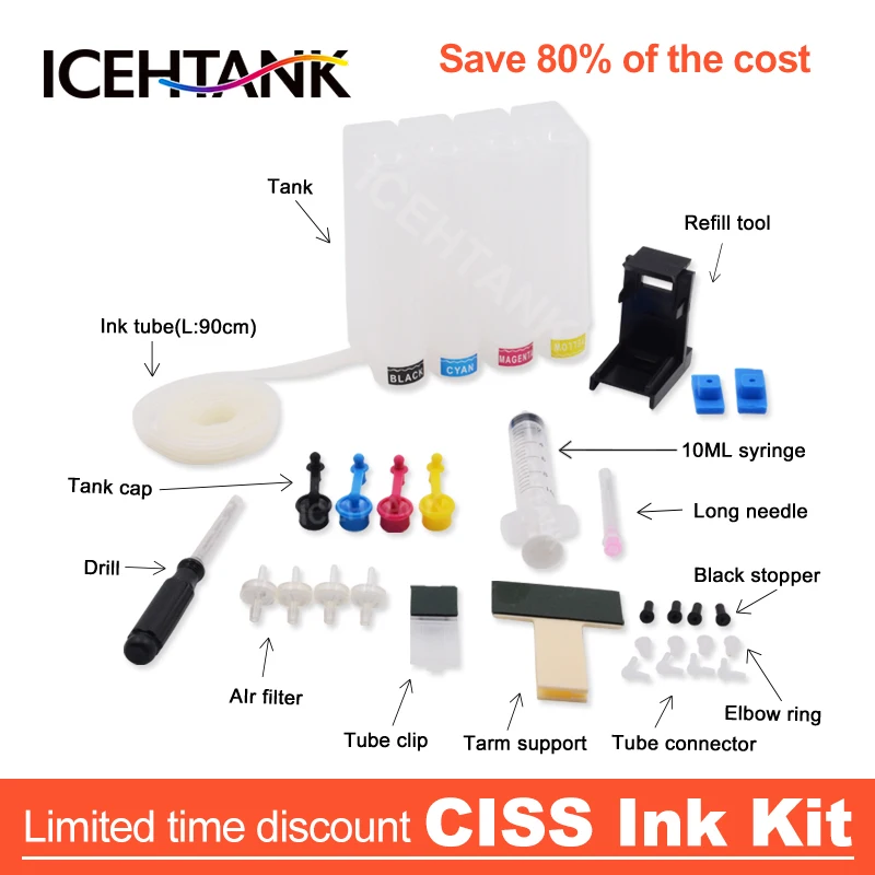 

ICEHTANK Bulk Ciss Continuous ink System For HP Ciss For Canon Pixma Printer Ink Tank Diy Kit With Drill Refill Tool 4 Color