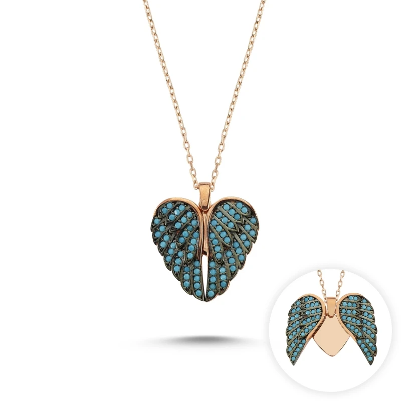 

Silver 925 Sterling Nano Turquoise Gemstone Moving Wing & Heart Necklace