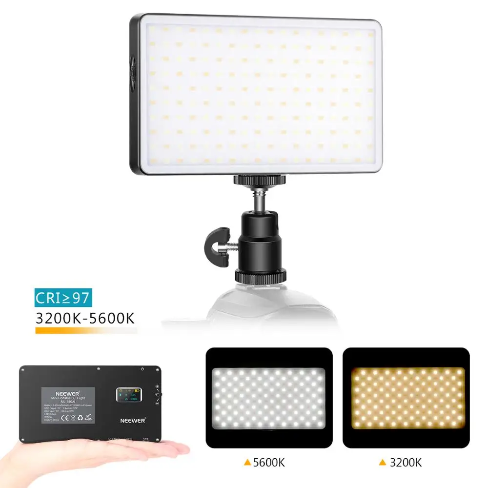 

Neewer Pro MFL-06 On-Camera Video Light, Pocket-Size 180 SMD LED/Bi-Color 3000-6500K/Dimmable Brightness/CRI96+/Built-in Battery