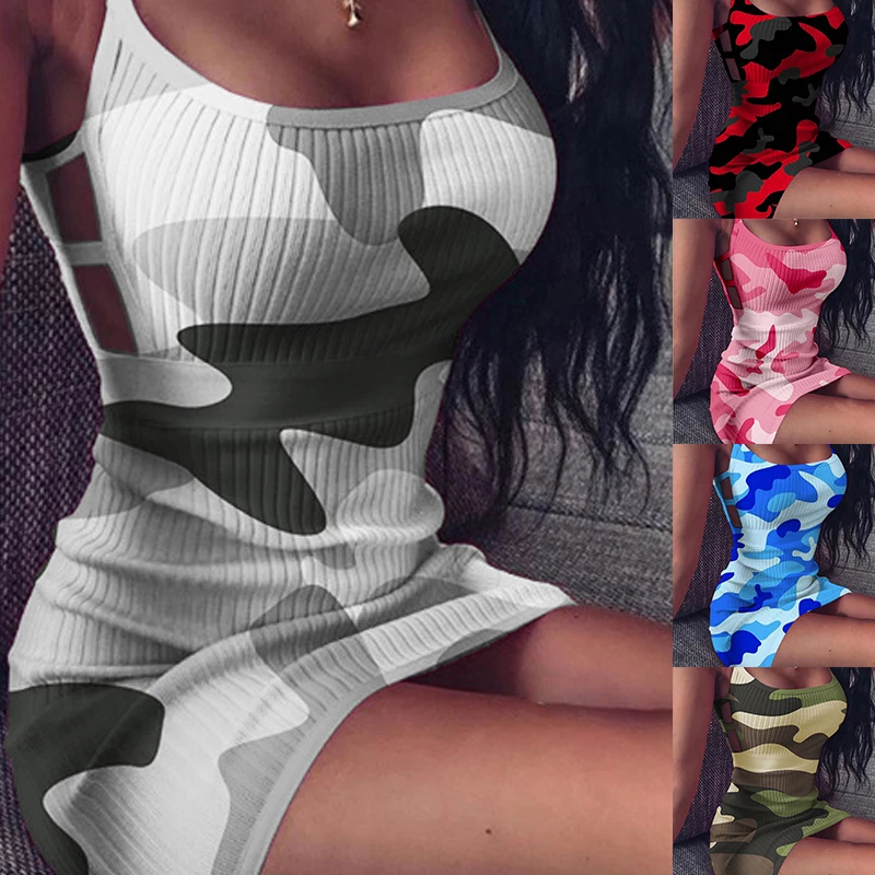Sexy Party Club Mini Dress Women Summer Camouflage Army Green 2021 Hollow Spaghetti Strap Wrap Bodycon Slim Dropshipping | Женская