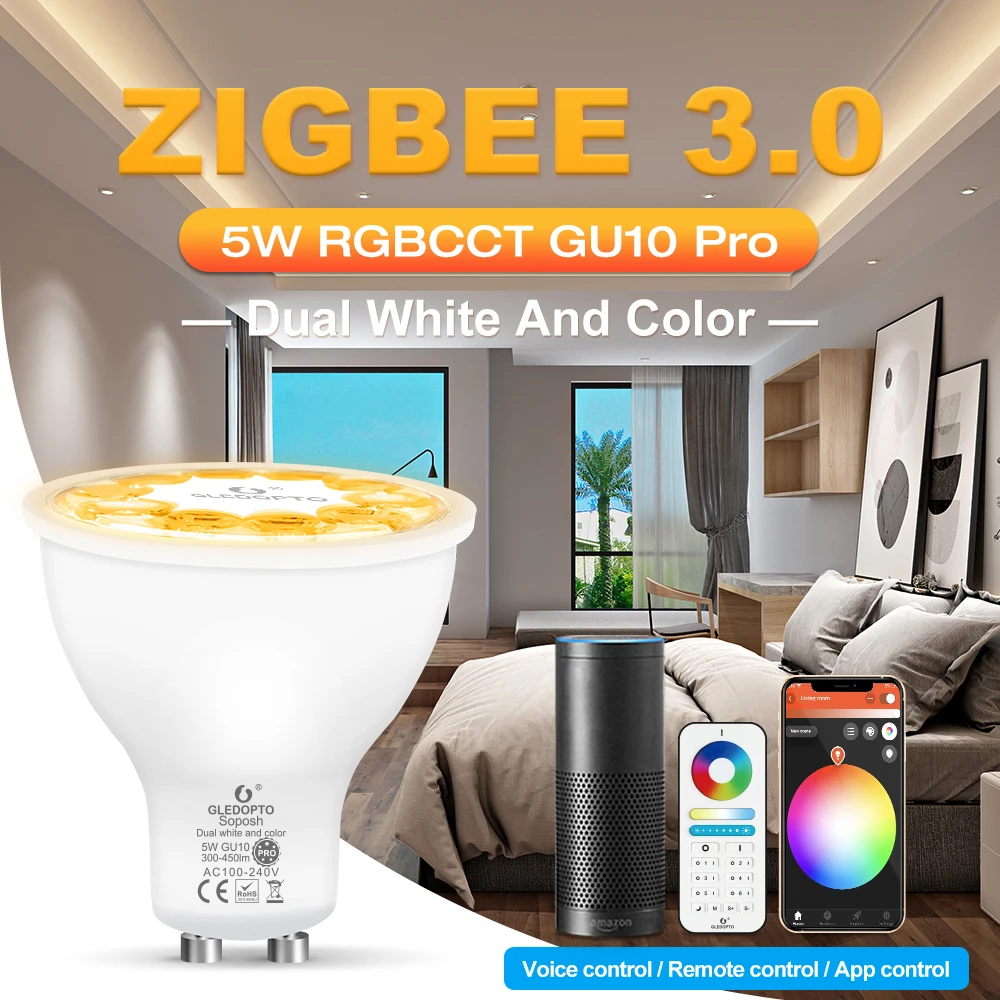 GLEDOPTO Zigbee3.0 RGBCCT Spotlight Bulb Pro GU10 5W Warm Cold White Color Changing LED Spot Light APP/Voice/Remote Control smart led light bulbs smart led lights