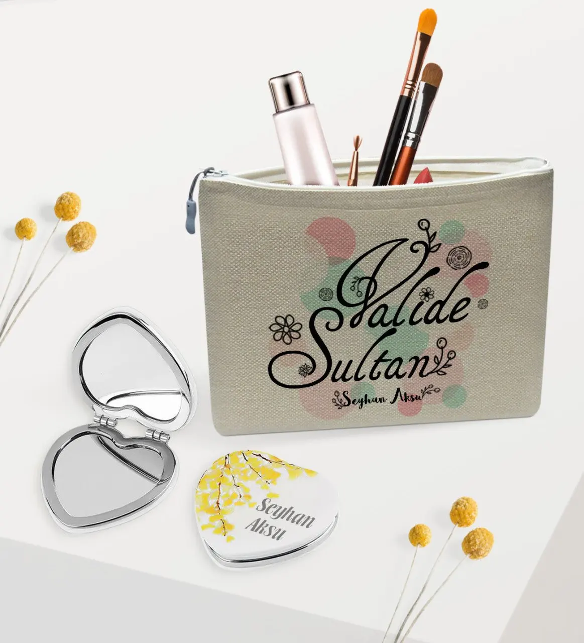 Personalized Valide Sultan Linen Makeup Bag and Heart Mirror Gift Seti-3 | Дом и сад