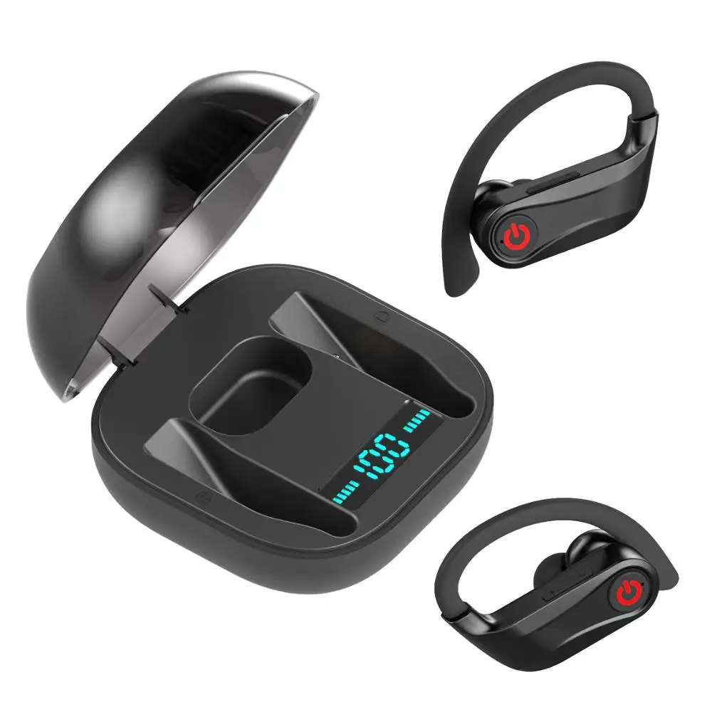 

Black PowerHBQ pro Q62 wireless earphone Bluetooth 5.0 Stereo Sport Headsets Waterproof ear hook Heatsets with Dual Microphone